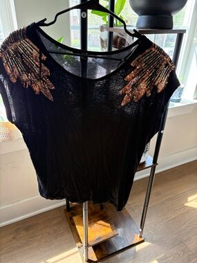 Forever 21 Black Tee with Rose Gold Sequin Shoulder Wings